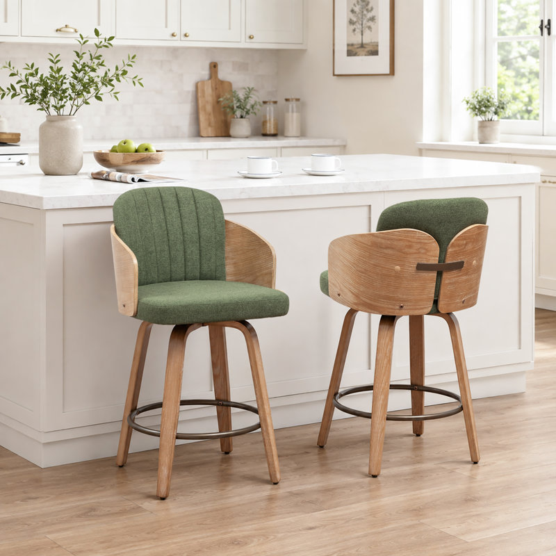 Tabourets de bar pivotants en velours Ljubka, Vert, Tabouret de comptoir (siège d'une hauteur de 25,3