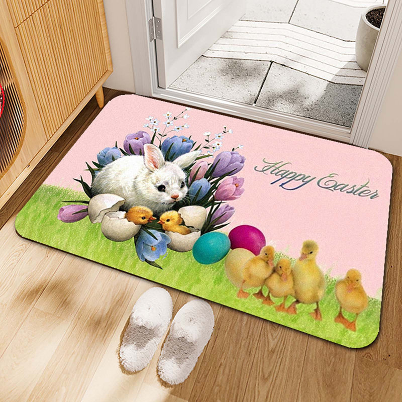 Le tapis est orné d'œufs de lapin de Pâques