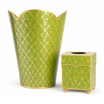 Moss Green & Gold Tulip Wastepaper Basket & Tissue Set