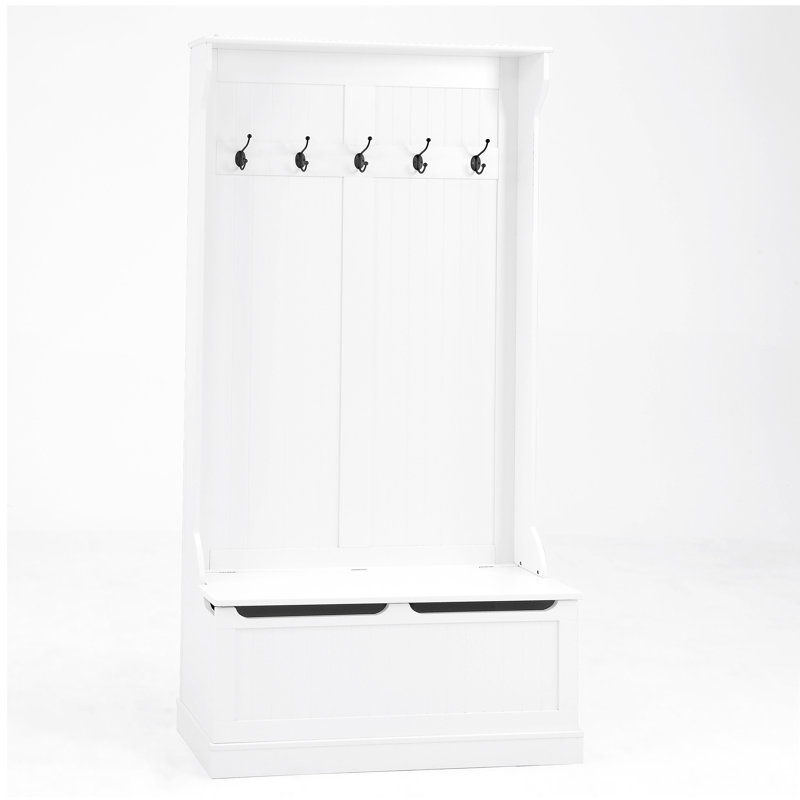 Entryway Bench with Standing Coat Rack, Hall Tree with Shoe Storage Bench, Entryway Organizer with 5 Hooks, White