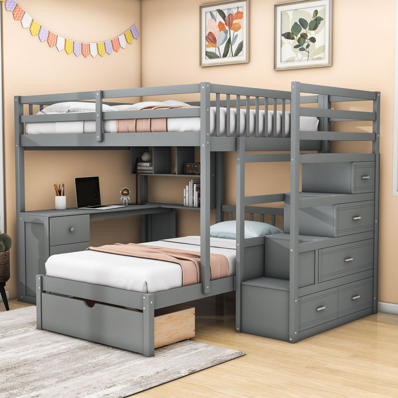 Lit superposé double au-dessus de 8 tiroirs double en bois avec bureau intégré et tablettes, gris