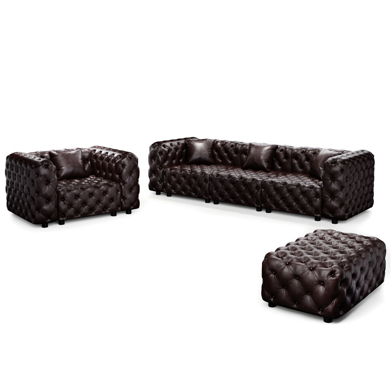 Ensemble de canapé moderne, canapé modulaire rembourré en similicuir 4 places avec conception touffetée à la main pure, 1 repose-pieds et 4 coussins, combinaison multiple pour le salon