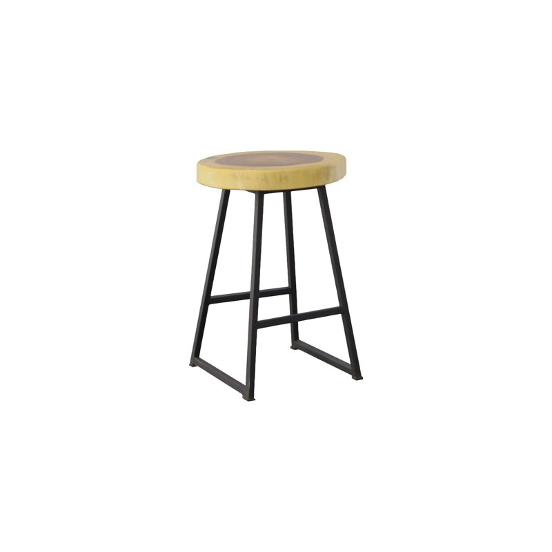 Natural Wood and Black Metal Round Bar Stool
