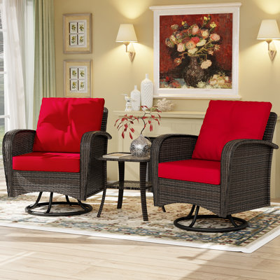 Ensemble de conversation pour patio en osier 3 pièces, 2 chaises pivotantes et table d'appoint avec coussins rouges