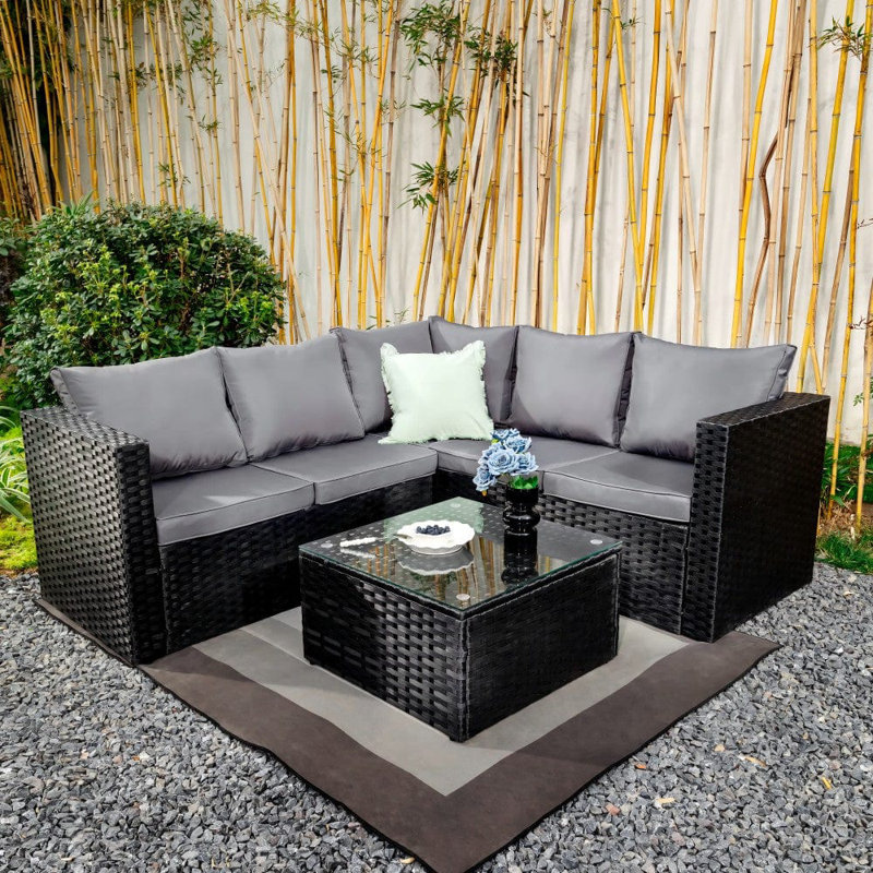 Deeanna 182cm Wide L-Shaped Powder Coated Steel Patio Sectional with Cushions, Black