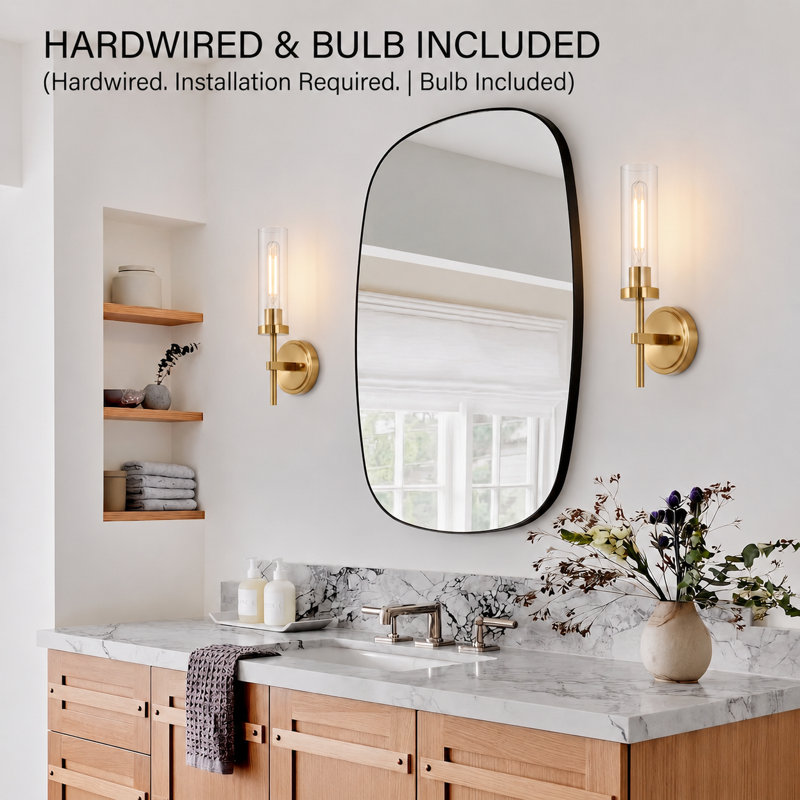 Hardwired Gold Wall Sconces Set of 2, Modern Bathroom Sconces Wall Lighting Vanity Light Fixtures with Clear Glass, Brushed Brass Wall Decor Lights for Mirror Living Room Bedroom Hallway Stairwell