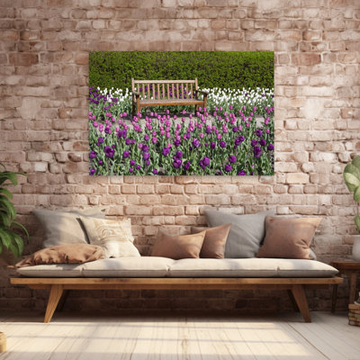 Banc vide dans un jardin de tulipes, parc Cantigny, Wheaton, Illinois, États-Unis, tulipe, art mural