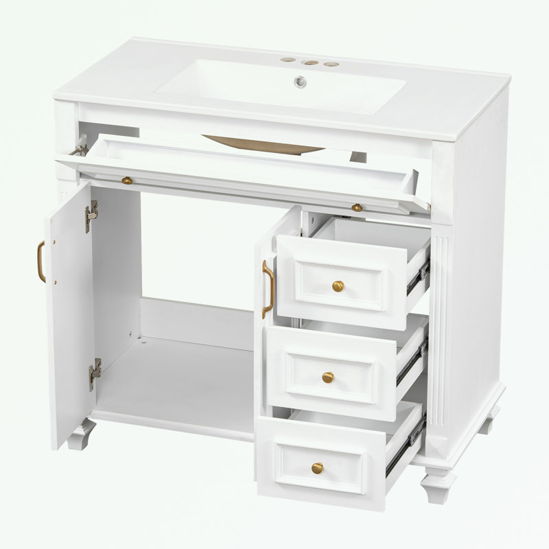 Meuble-lavabo de salle de bain avec lavabo, tiroir rabattable, 3 tiroirs et tablette réglable, White