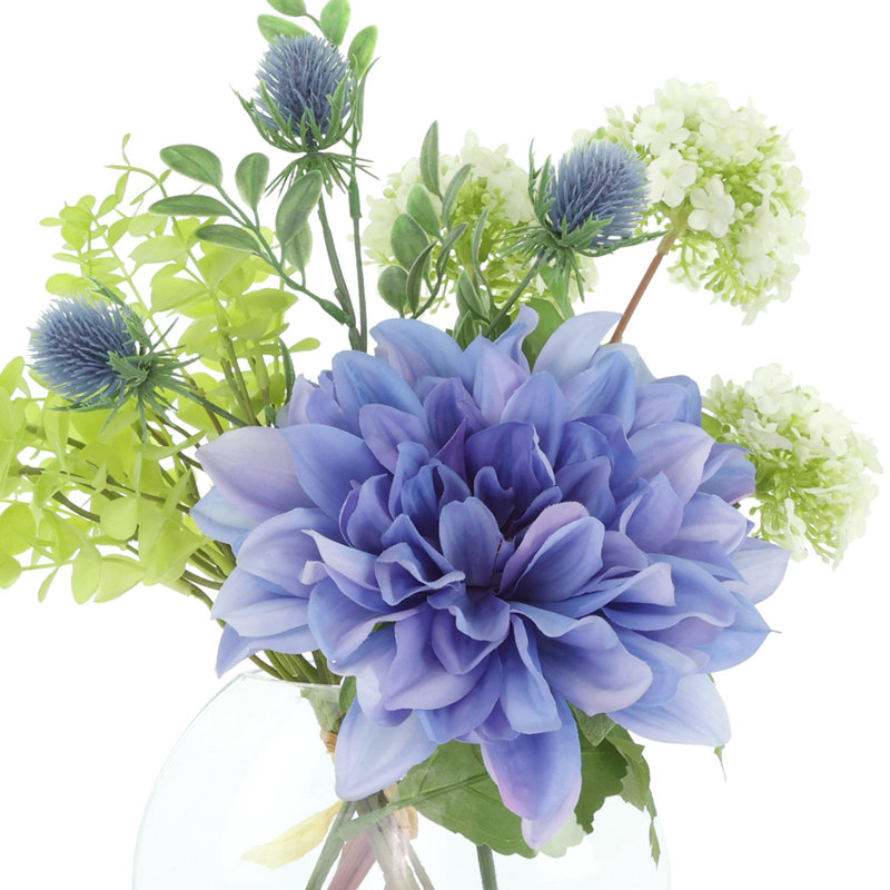 Dahlias and Eucalyptus Centerpiece in Vase, Blue