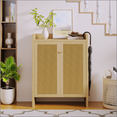 Tall Rattan Shoe Cabinet With 6 Adjustable Shelves, Wooden Freestanding Organizer For Entryway And Living Room
