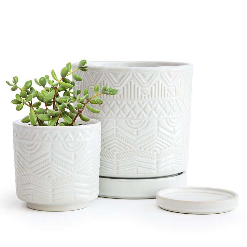 Set of 2 Modern Floral Embossed Ceramic Planter Pots - 4" & 6" with Drainage Hole and Saucer