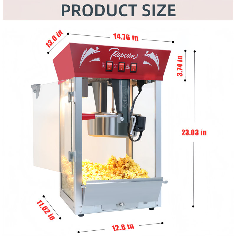 12 Oz Kettle Countertop Commercial Popcorn Machine ,  Stainless Steel Maker With Tempered Glass, Warming Deck, For Parties, Events, And Home Theater
