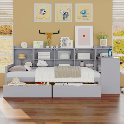 Lit de jour simple avec 3 armoires de rangement et 2 tiroirs, structure de lit de jour en L en bois avec bureau d'étude et bibliothèque intégrée, lit multifonctionnel pour chambre d'amis