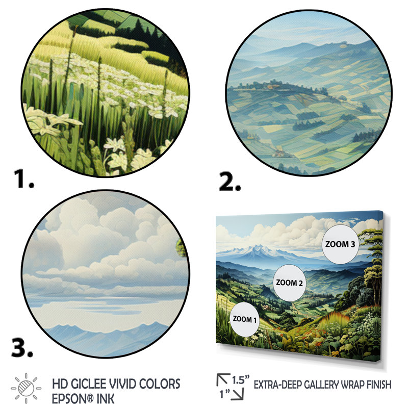 «Countryside Mountain Vista Patchwork I» sur toile, H 12 po x l 20 po x P 1 po, Cadre simple blanc