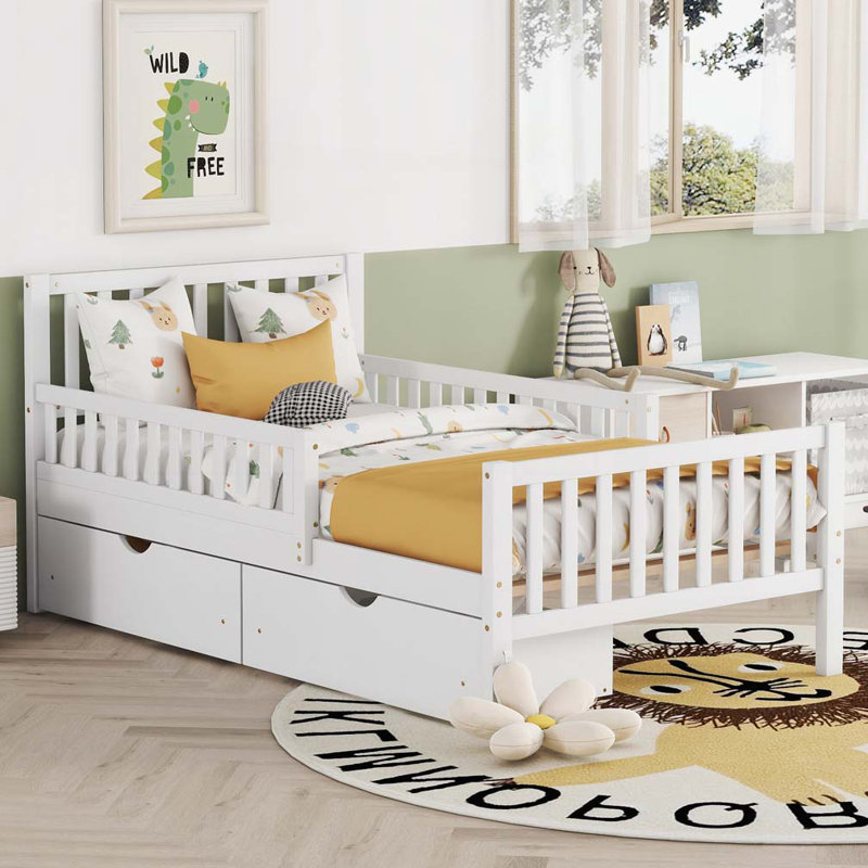 Lit plateforme en bois avec garde-corps des deux côtés et deux tiroirs de rangement, Lit simple, Blanc