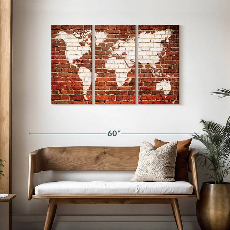 Carte du monde sur la brique Aliaz, H 28 po x l 45 po