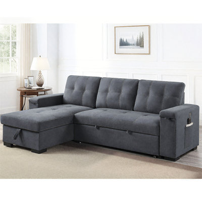 95" Woven Fabric Reversible Sleeper Sectional Sofa With Storage Chaise Cup Holder Charging Ports And Pockets, Gray
