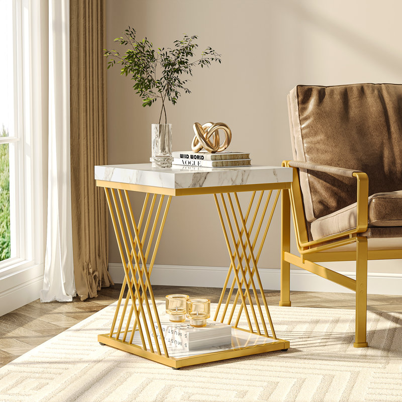Table d'appoint haute de 25,6 po Ellenie, White Top/Gold Base