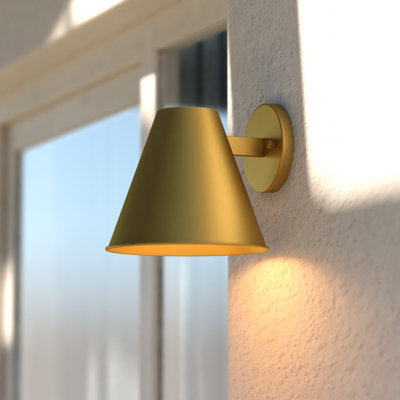 Berners 6.25 in. H 1-Light Gold Contemporary Outdoor Wall Sconce, Durable Steel Metal Cone Shade, LED Compatible, Dark Sky Compliant, Use for Exterior Porch Patio Front Door or Garage