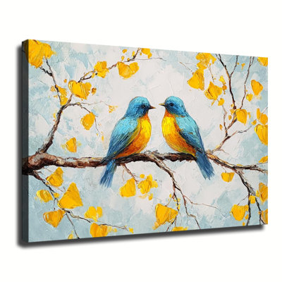 Two Bright Blue and Yellow Birds Facing Each Other on Ginkgo Branch Thick Impasto Oil Painting, Canvas Wall Art for Entryway Wall Decor