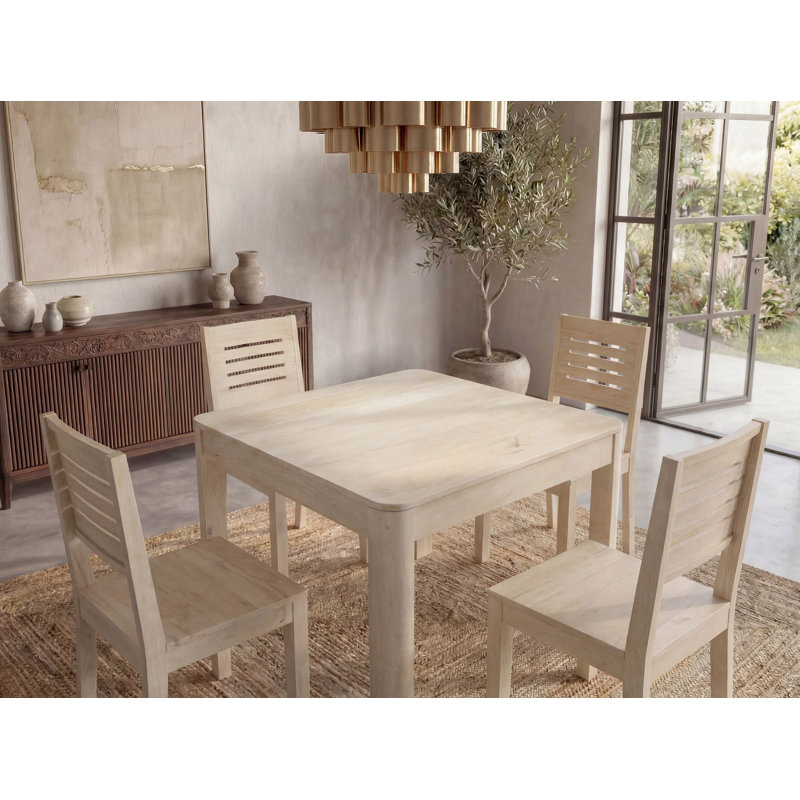 Square White Wash Mango Solid Wood Dining Table for 4 People