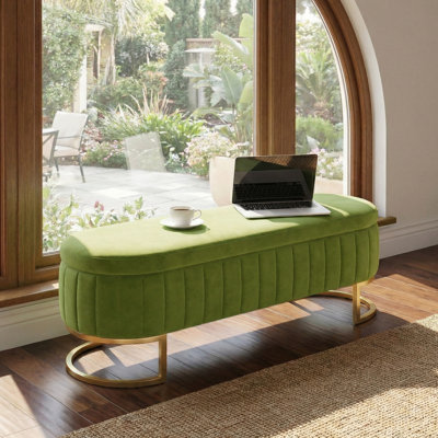 Banc de rangement 51 po avec pieds dorés, banc de fin de lit en velours pour le salon, fenêtre, entrée