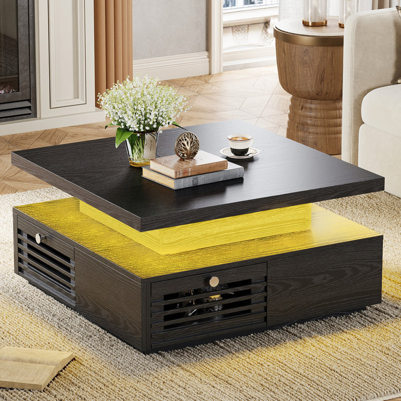 Aurora Modern Coffee Table With LED Light And Charging Station, Living Room Table With 4 Storage Drawers With Grille Design