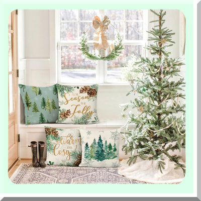 Snowy Pinecone Winter Pillow Covers - Set of 4 Snowflake Brown Decorative Pillows for Couch Sofa, Holiday Decor