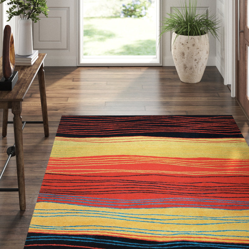 Tides Wool Abstract Area Rug in Black/Red/Beige, Rectangle 6' x 9'