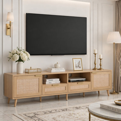 Meuble télé en rotin pour téléviseur de 85 po ou moins, console multimédia de style campagne moderne, centre de divertissement avec pieds en bois massif et meuble télé