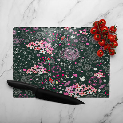 Different Flowers Shapes & Birds Glass Chopping Board