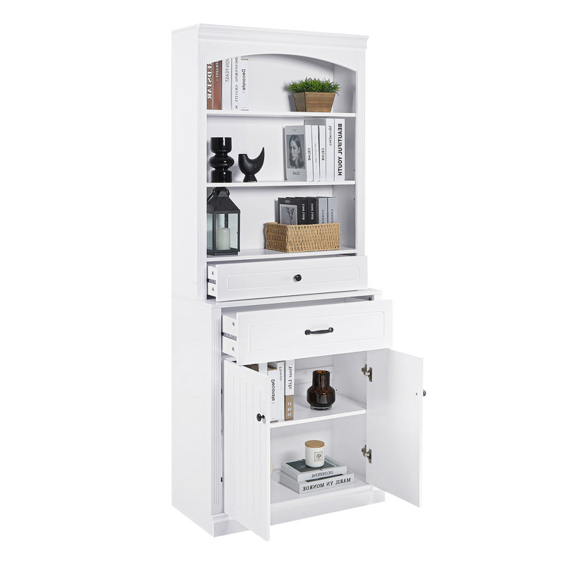 Armoire de rangement blanche avec deux portes, tiroirs, tablette réglable et trois tablettes ouvertes - fabrication en panneau de fibres à densité moyenne durable