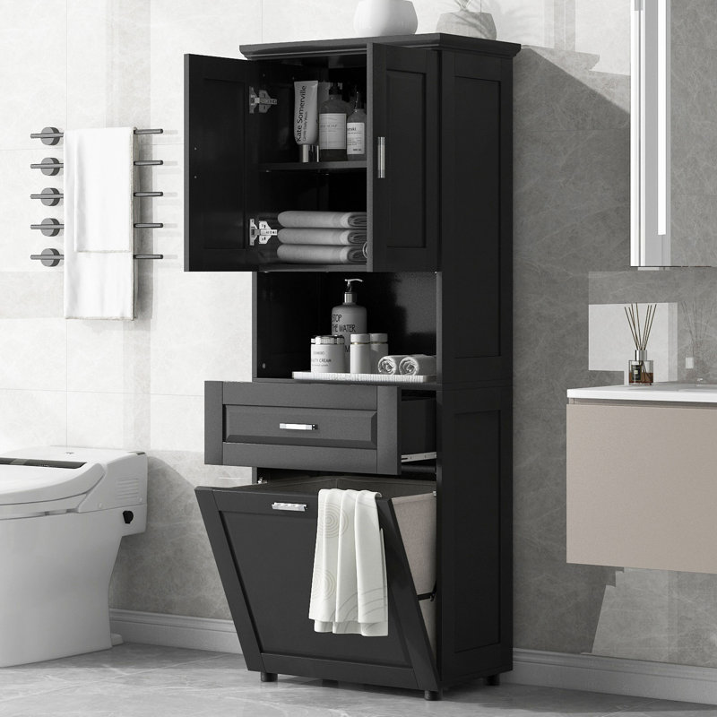 Tall Bathroom Cabinet With Laundry Basket, Large Storage Space Tilt-Out Laundry Hamper And Upper Storage Cabinet, Black