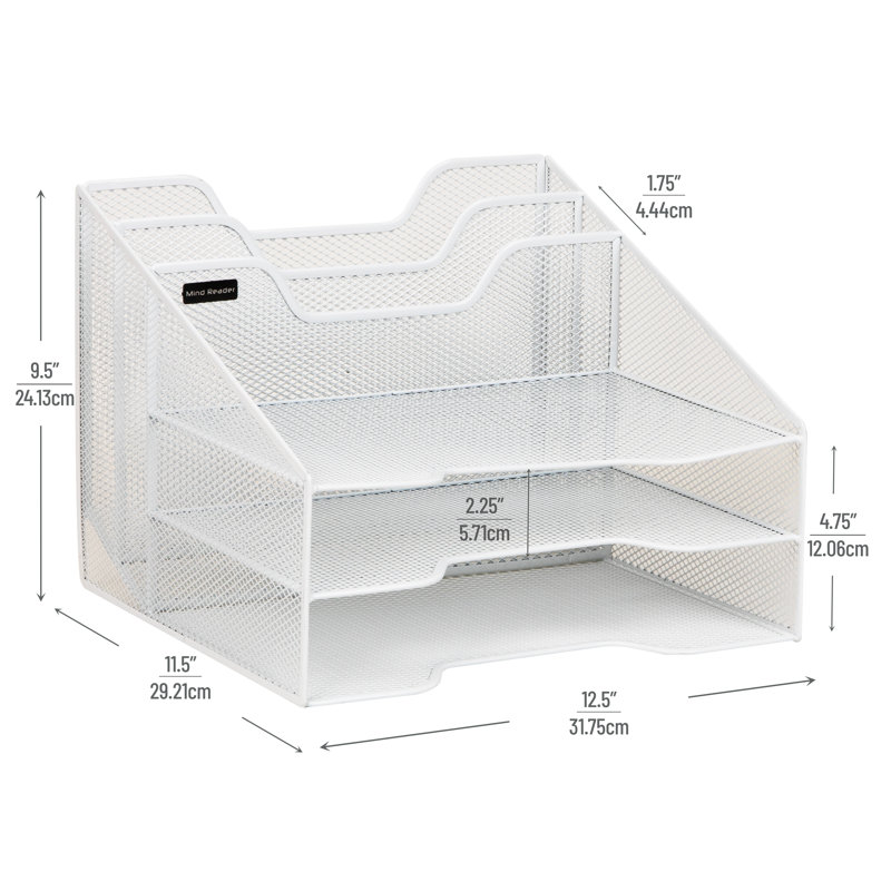 Mind Reader Metal Mesh Desktop File Organizer, 3-Tier Paper Tray with 5 Compartments, Office Mail Sorter, White, White