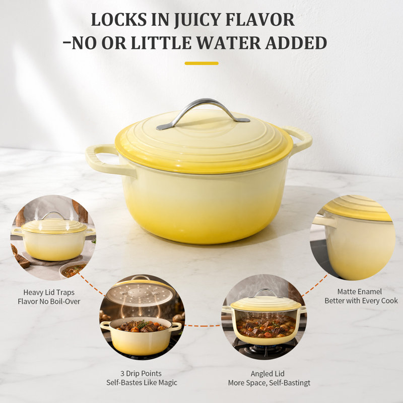 Cocotte ronde en fonte émaillée jaune de 5 pintes avec gants et dessous de plat résistant à la chaleur, Jaune
