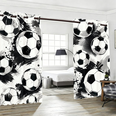 2 pièces rideaux occultants à motif de football, rideaux de fenêtre de ballon de football de style grunge, décor de chambre à thème sport noir et blanc pour la chambre à coucher du salon