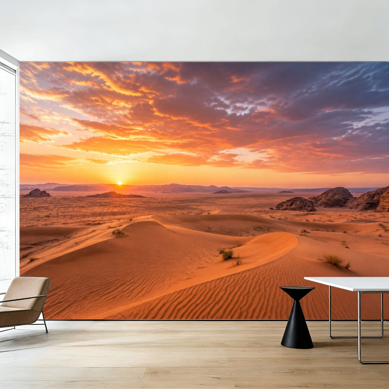 Papier peint adhésif « Coucher de soleil sur sable doré et ciel vibrant », fresque murale de 175 cm (H) x 244 cm (L), en PVC amovible et autocollant, pour chambre, salon ou bureau.
