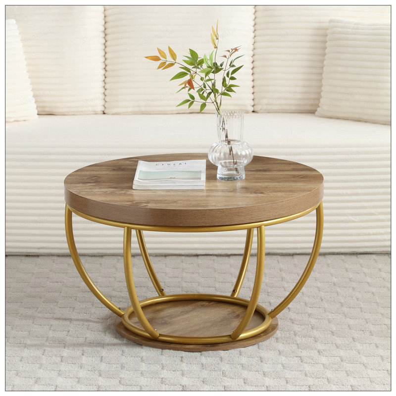 Table basse ronde industrielle avec tablettes de rangement à 2 niveaux, décor moderne en bois et métal pour le salon et le bureau personnel