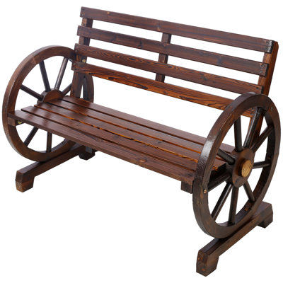 Brown 2-Person Wagon Wheel Bench - Rustic Outdoor Patio/Garden Seat