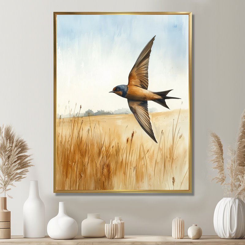 Bird Swallow Over The Fields II - Bird, art mural encadré, H 20 po x l 12 po, Reproduction avec cadre flottant, Doré