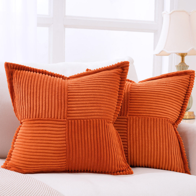 Housse de coussin carré en velours côtelé, H 18 po x l 18 po, Orange brûlé