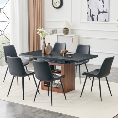 Ensemble de table de salle à manger moderne en noyer avec design extensible et rangement