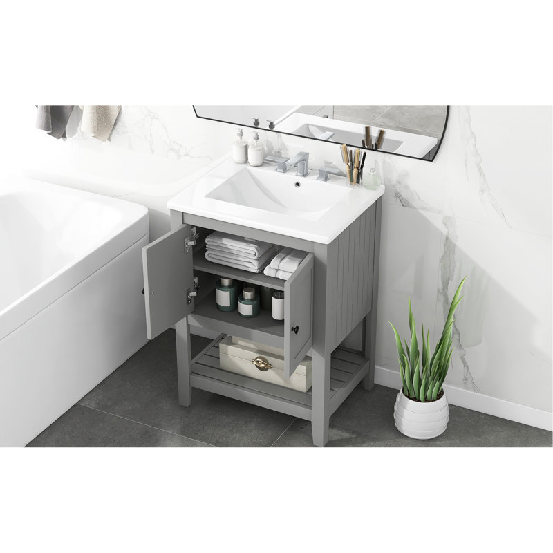 Meuble-lavabo moderne 24 po, lavabo en céramique élégant, meuble-lavabo en bois massif avec tablette et cadre, Gris