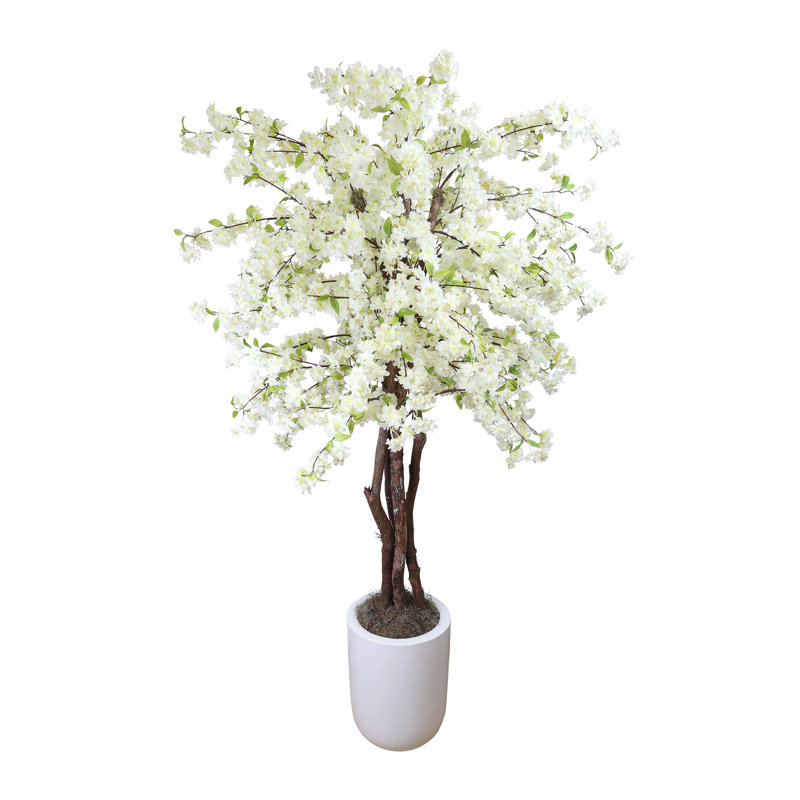 Faux Cherry Blossom Tree Plant in Fiberstone, White