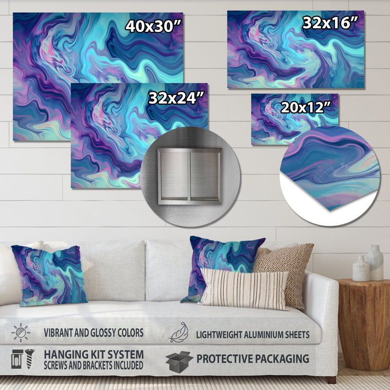Fusion de marbre turquoise mauve I - impression sur métal, H 24 po x l 32 po