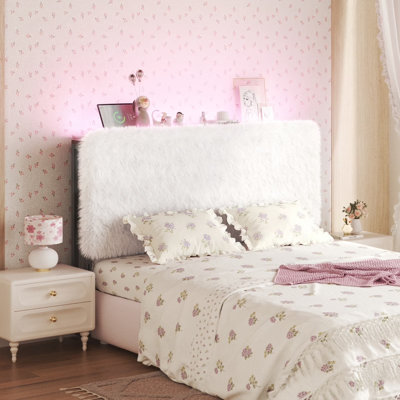 Cloud Fluff Headboard for Full Size Bed with Storage, Faux Fur Upholstered Head Board with USB & Type C Port, 60,000 DIY Color of LED Light Height Adjustable, Sturdy, Easy Assembly
