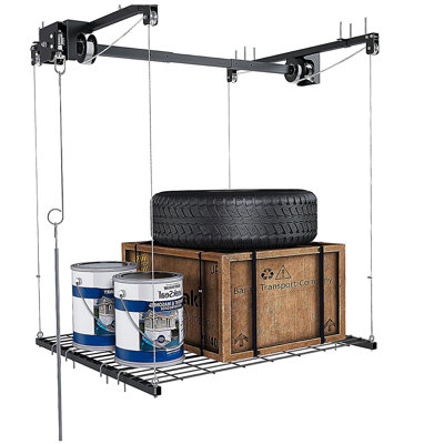 Overhead Garage Storage Rack 4x4 FT for High Ceilings 10-12 FT, 250LBS Capacity All-Steel Construction with Safety Lock (Installation Required, Heavy-Duty Garage Organizer)