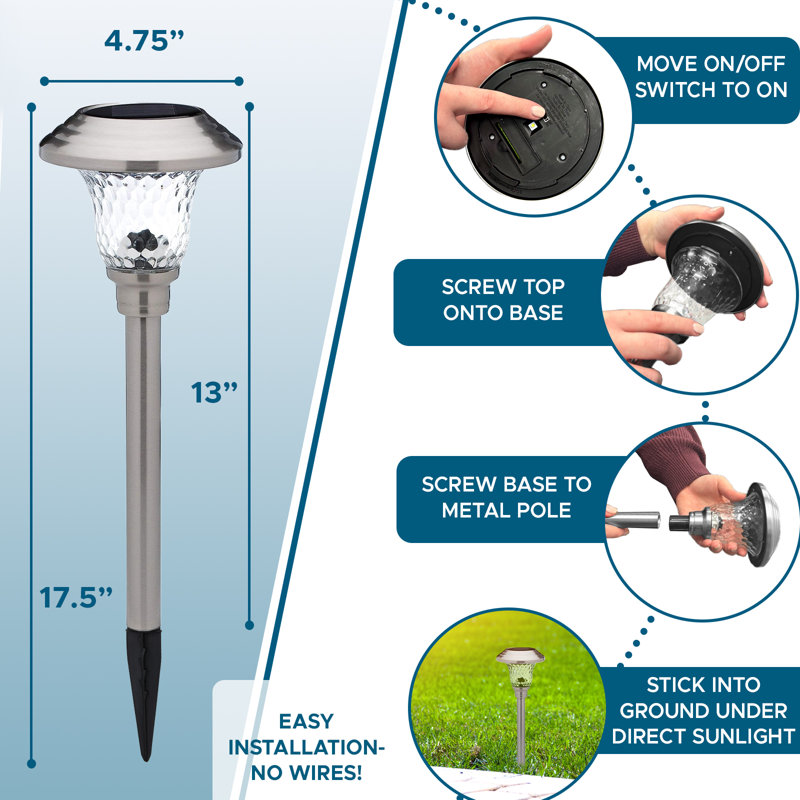 Stainless Steel and Glass LED Solar Path Lights, Warm Light, 8 Pack