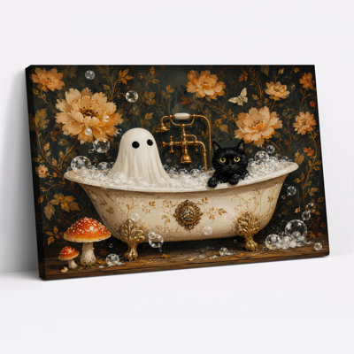 " White Ghost And Black Cat In Vintage Bathtub With Halloween " Painting Print