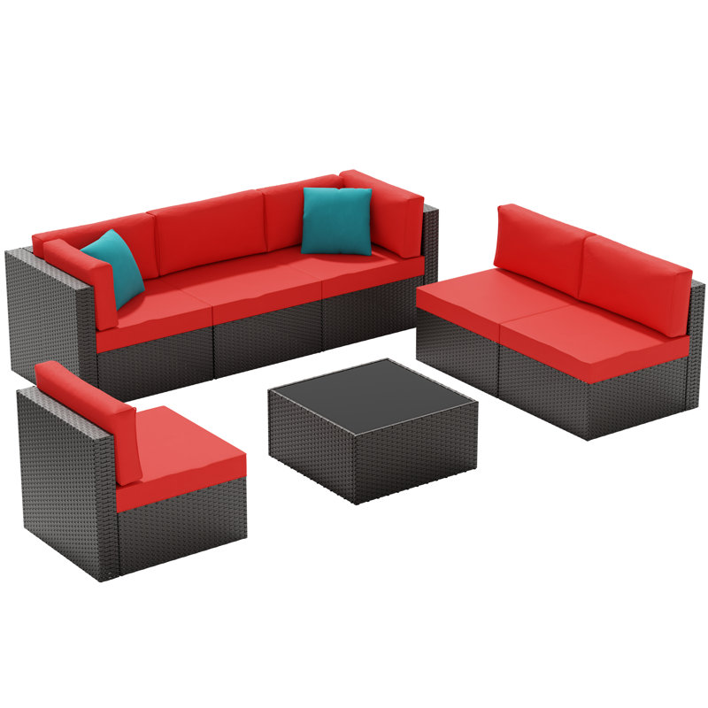 Modular 7 Piece Outdoor Rattan Seating Set For Patio Furniture, Red